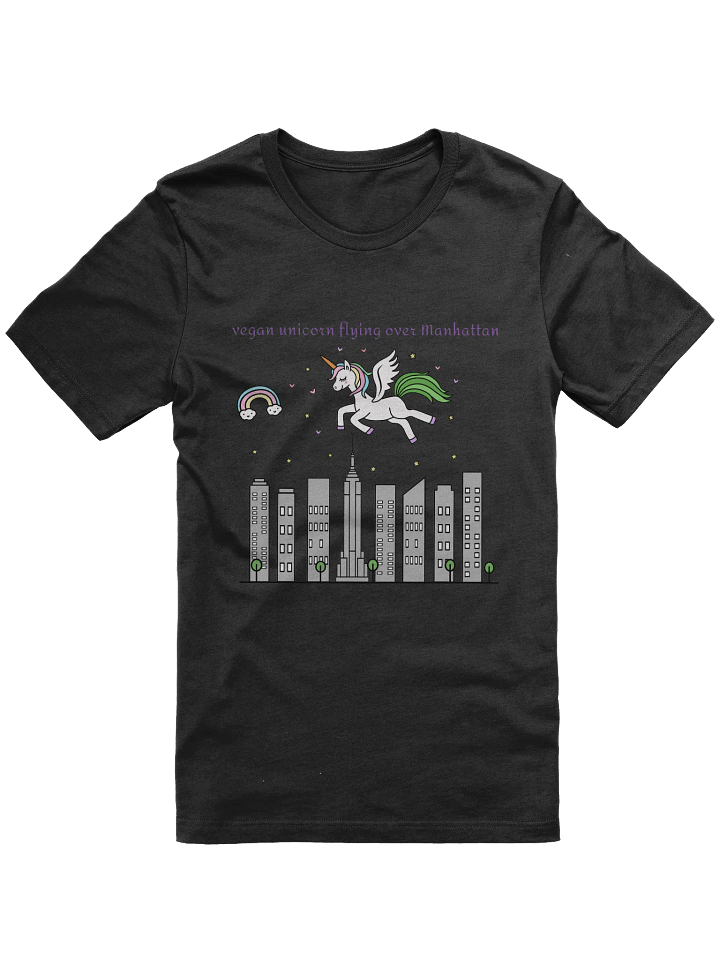 “Vegan Unicorn Flying Over Manhattan” Unisex Black T-Shirt product image (1)