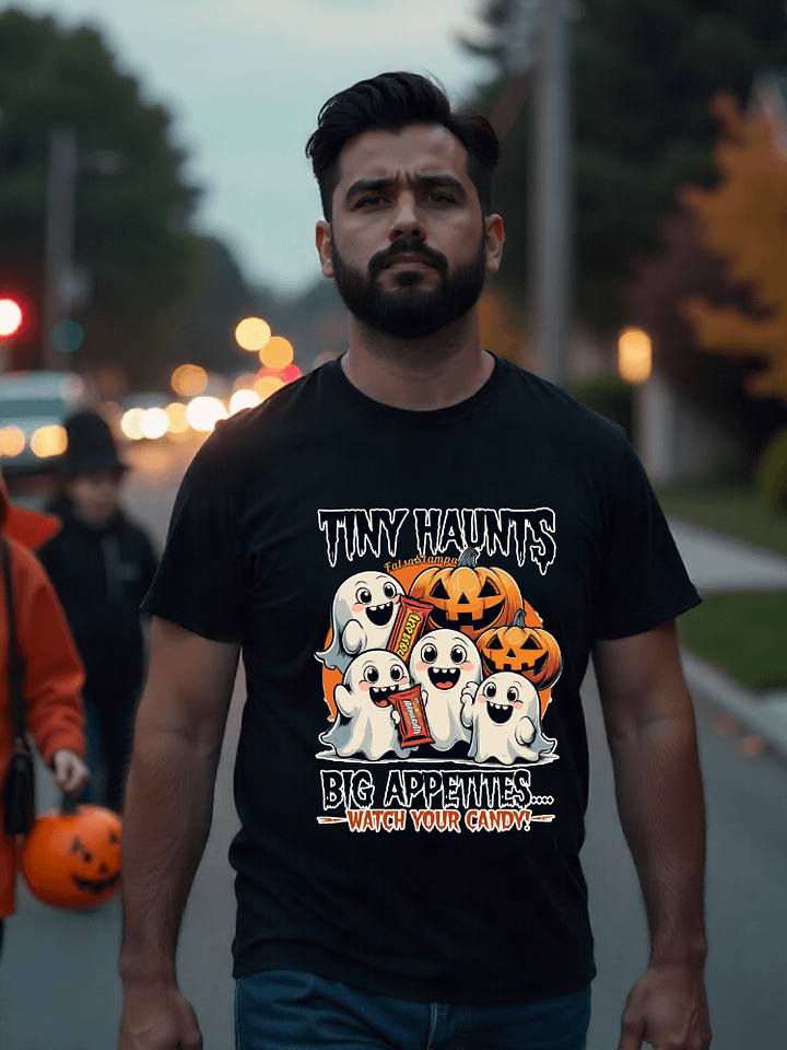 Tiny Haunted Bites: Cute Ghost Squad Guarding Halloween Candy T-Shirt product image (2)