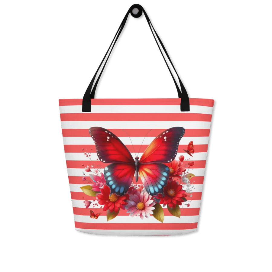Vibrant Butterfly Paradise Red Stripped Tote Bag product image (6)