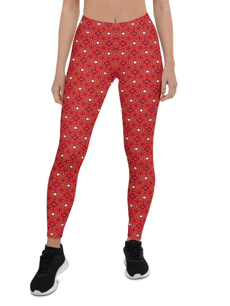 Red Geometric Women's Casual Leggings, Colorful Patterned Ladies Tights-Made  in USA/EU/MX