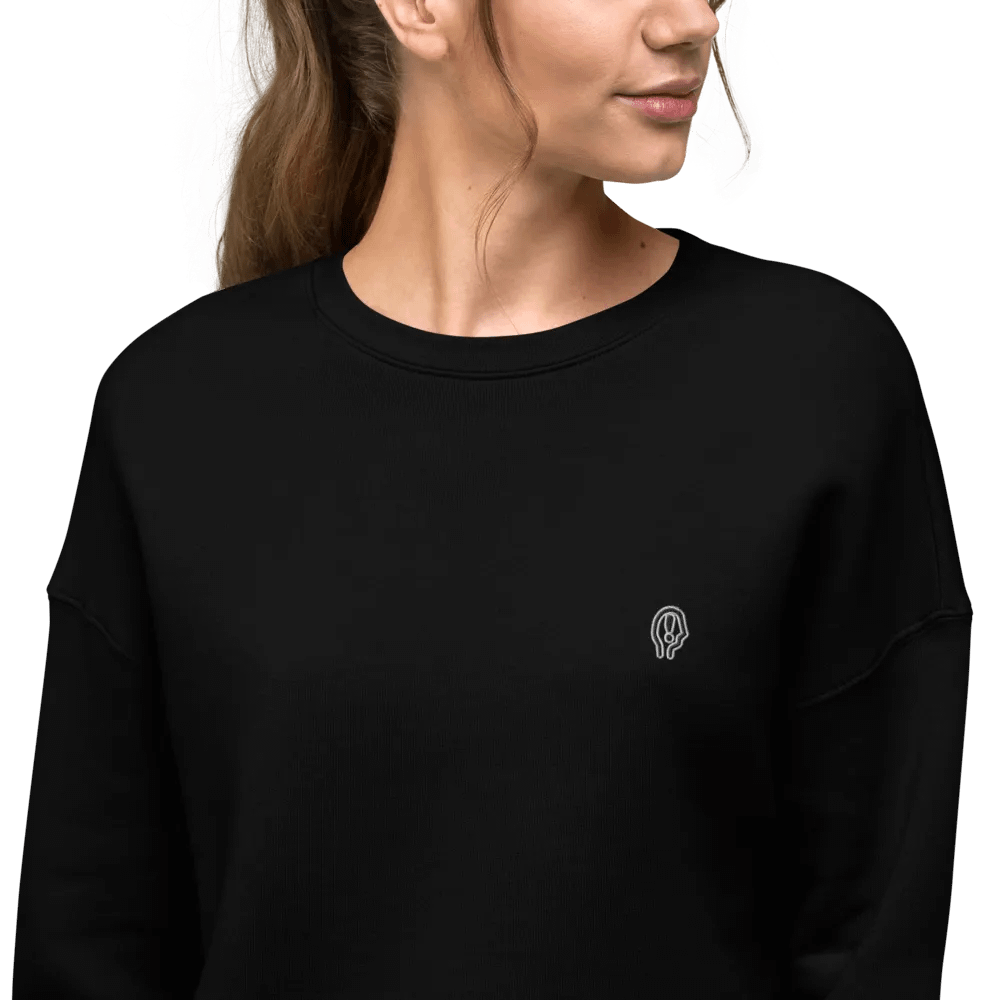 EXCLAIMING MENTALLY (L.C., B&W) embroidered fleece crop crew product image (11)