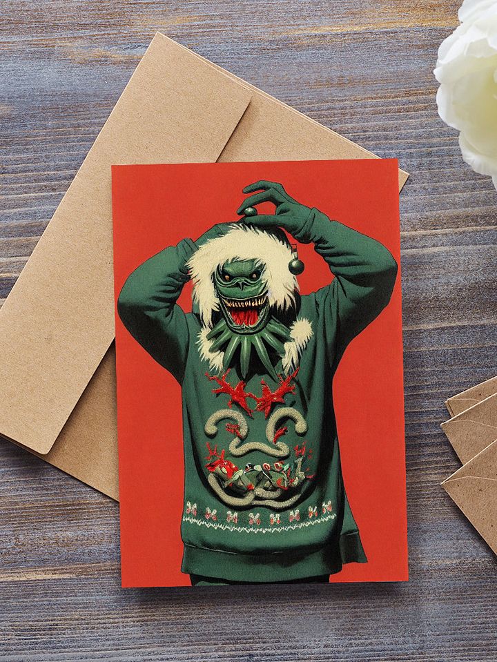 Retro Swamp Creature Ugly Sweater Christmas Cards Pack of 10 • 5×7 product image (2)