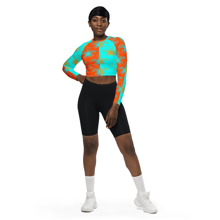 Cannabis Beach Recycled Long-Sleeve Crop Top, Summertime Stoner Twisted Circus Stripes Shirt, Orange Aqua Blue Weed Leaf Pattern Clothing product image (5)
