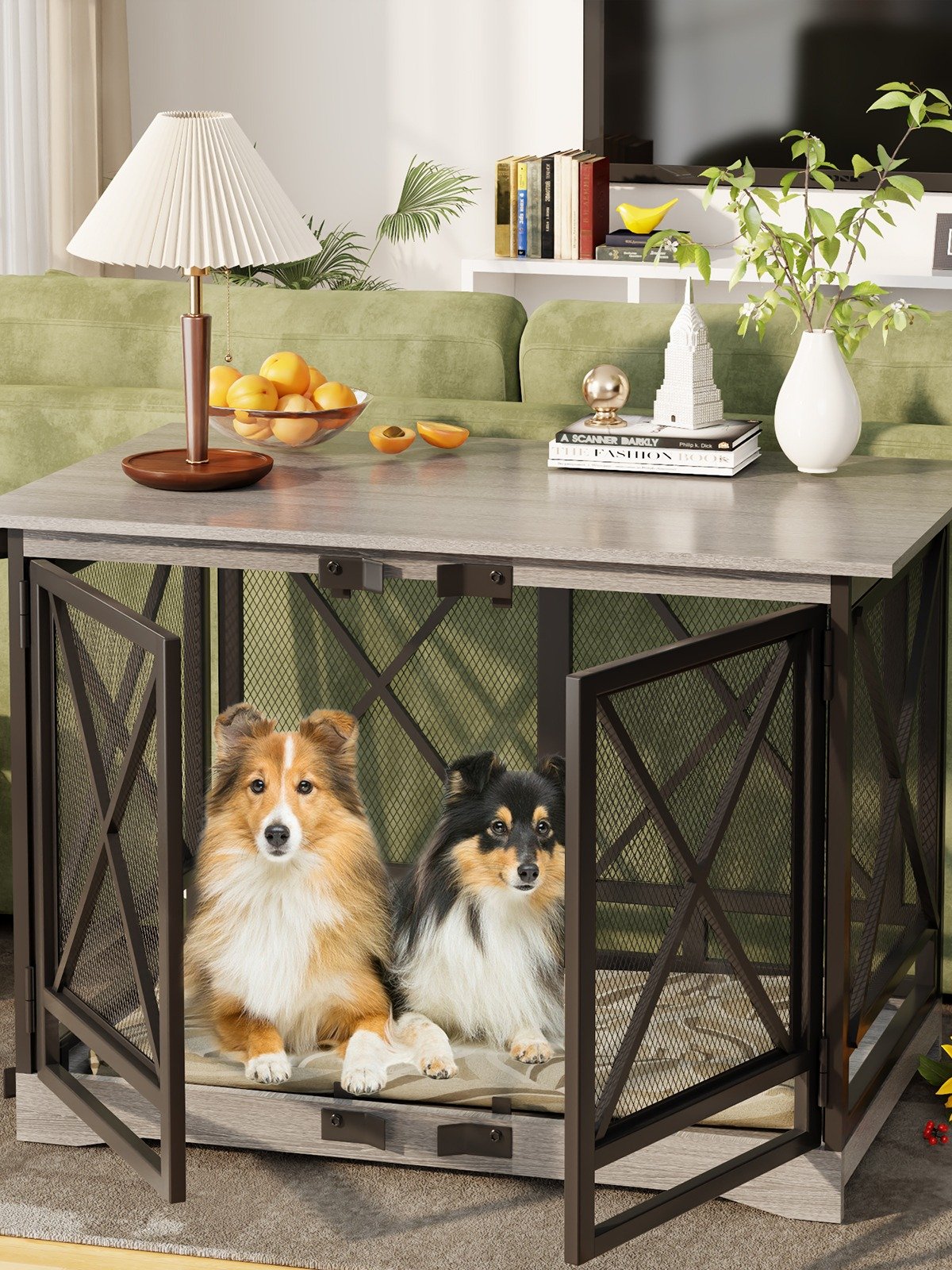 48 inch Extra Large Dog Crate Furniture,Double Door Indoor Kennel,End Side Table Wooden Dog Crates,Anti-Chew Anti-Escape, Gray product image (8)