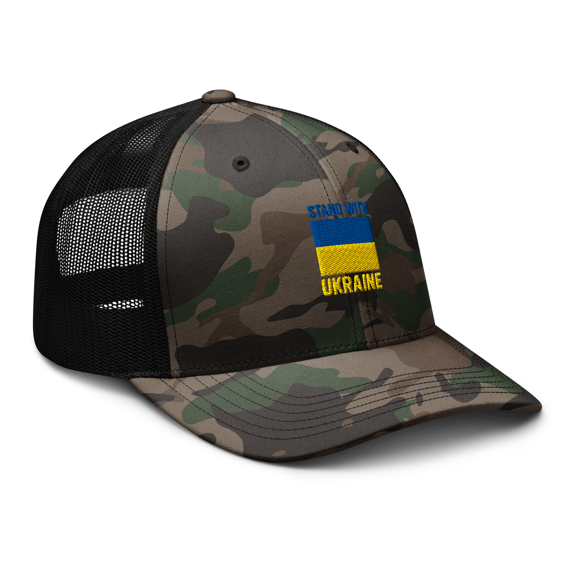 Stand with Ukraine Camo Trucker Hat product image (6)