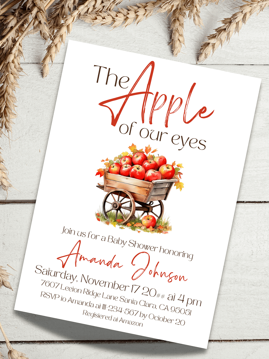 Apple Baby Shower Invitation - Fall Harvest Watercolor Apple of Our Eyes Party Invite, Digital Download Canva Template product image (1)