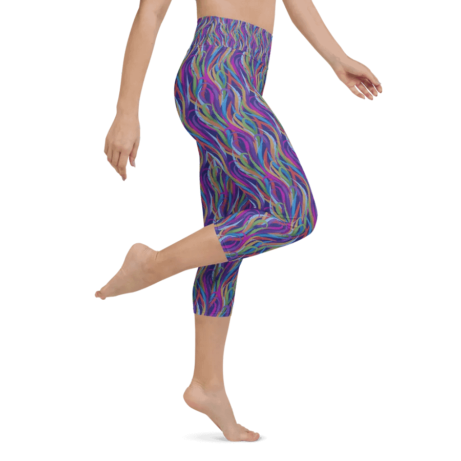 Yoga capri  leggingsmodern blue mauve and turquoise  design on black background product image (2)