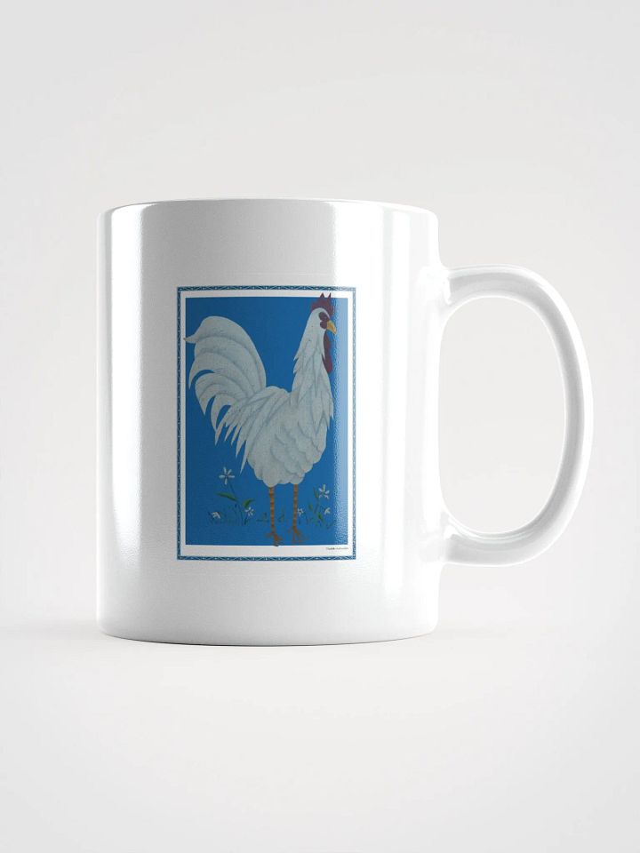 White Glossy Mug with Chicken and blue background product image (1)