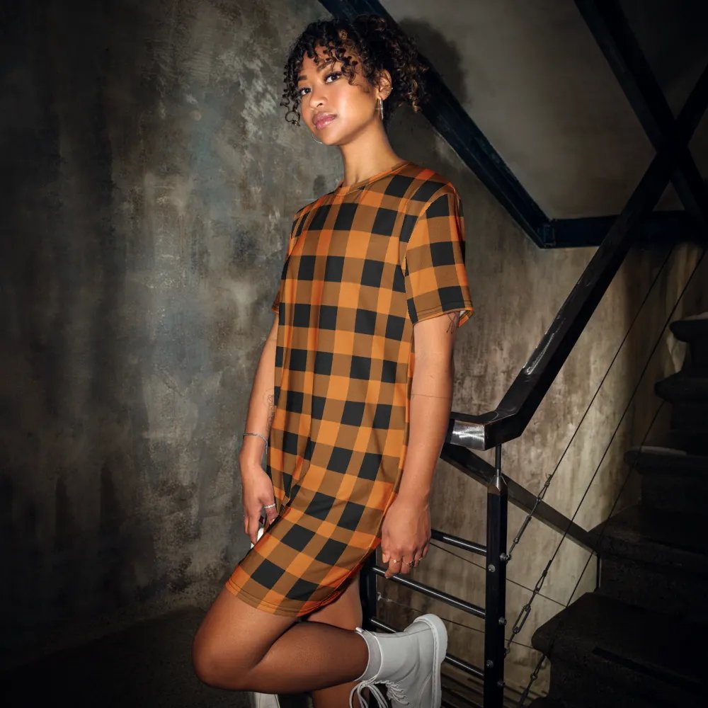 T-SHIRT DRESS VINTAGE CHECKERED ORANGE BLACK product image (1)