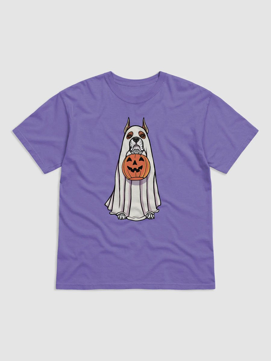 Funny Halloween Boxer Dog(Cropped Ears) T-Shirt | Funny Boxer Wearing a Ghost Costume and Holding a Pumpkin Basket product image (28)