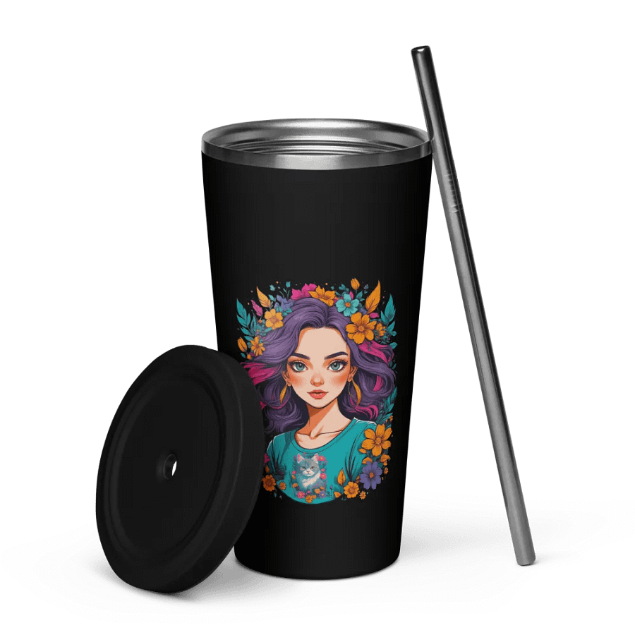 Bloomcore Flower Girl 20 oz Tumbler Cup - Black - Insulated Tumbler with a Straw - v2 product image (7)