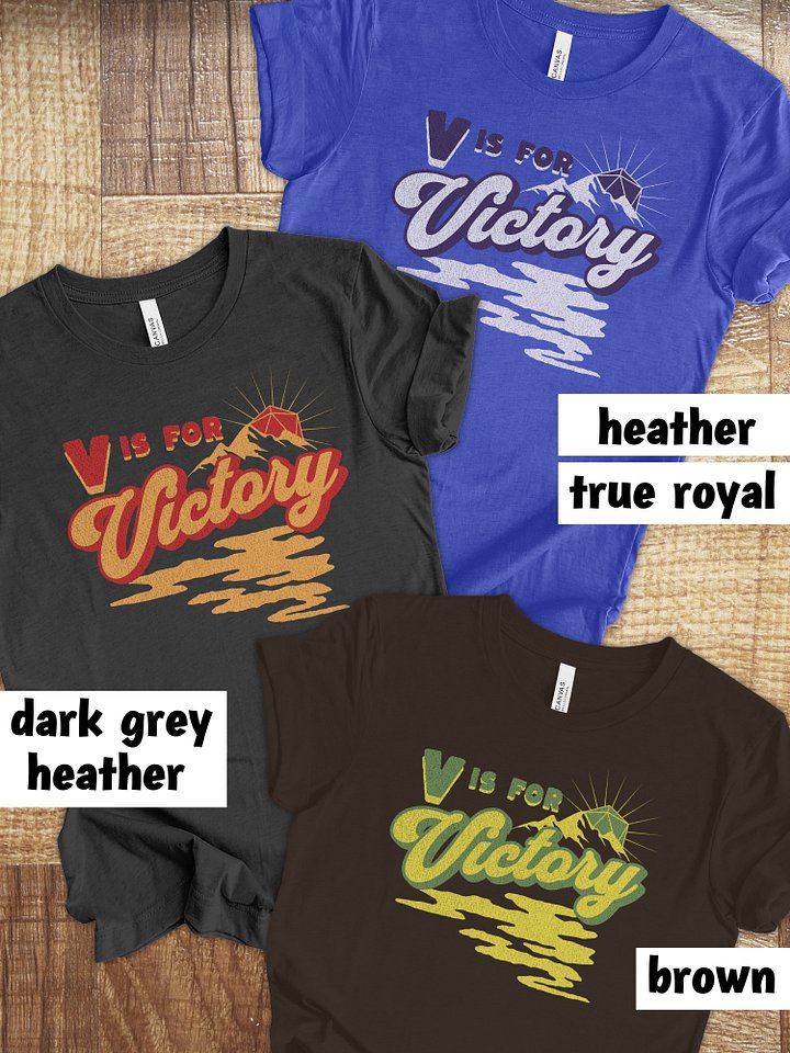 Retro D20 Sunrise Board Game Shirt, V is for Victory T-shirt, on Brown product image (2)