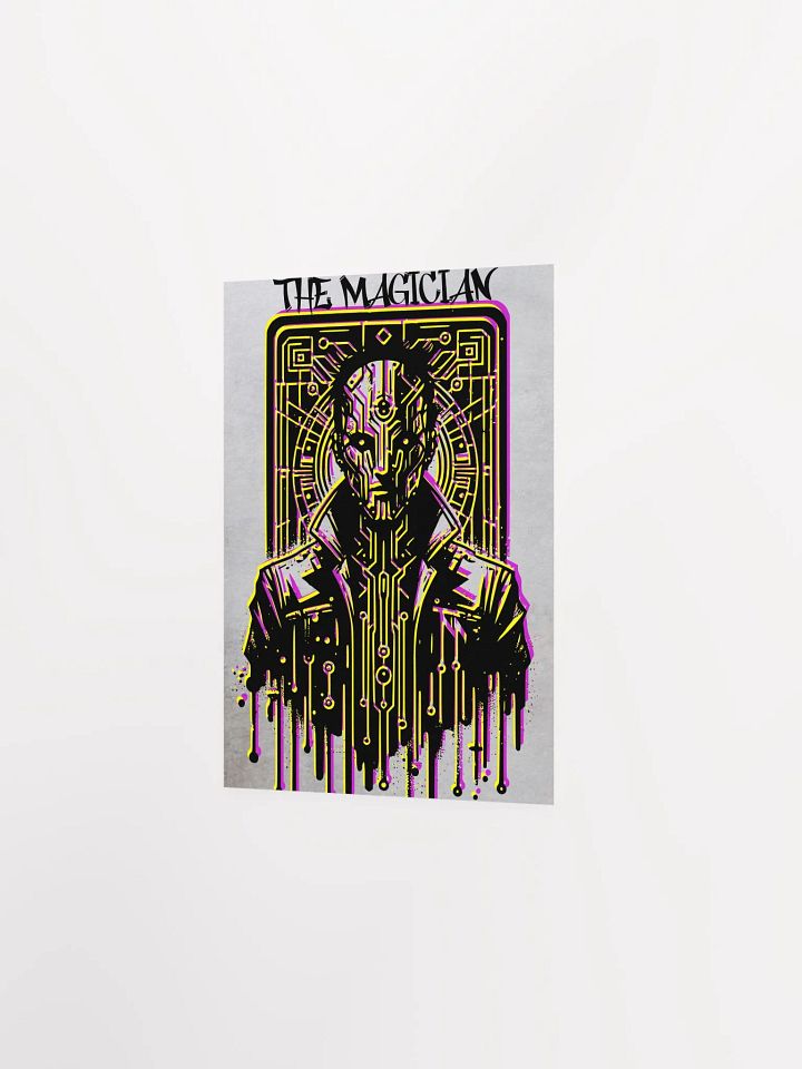 Cyberpunk Tarot Wall Art Poster – "The Magician" Card Featuring Cybernetic Character in Leather Coat – Graffiti Stencil Style Digital Artwork product image (5)