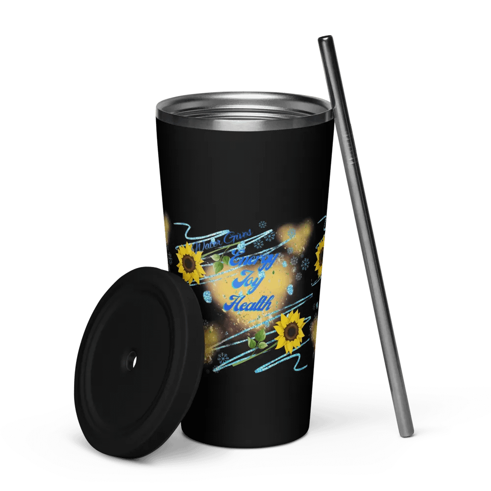 Insulated Tumbler with straw with beautiful swirly  water drop splash and drops design, featuring ‘This water gives Harmony in Body and Mind