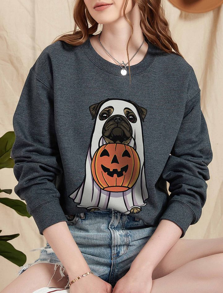 Funny Halloween Pug T-Shirt | Funny Dog Wearing a Ghost Costume and Holding a Pumpkin Basket product image (5)