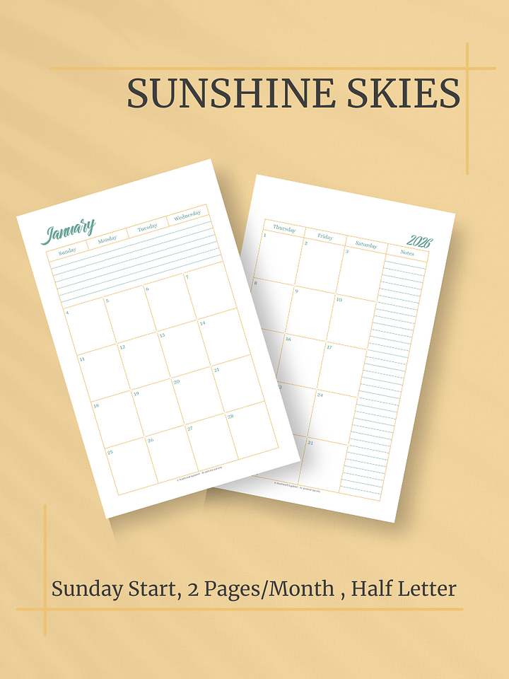 Sunshine Skies 2026 Calendar - 2 Pages per Month, Sunday Start, Half Letter Size product image (1)