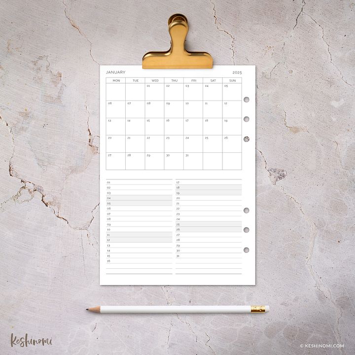 DATED 2025 Month on One Page - A5 Printable Planner Insert product image (2)
