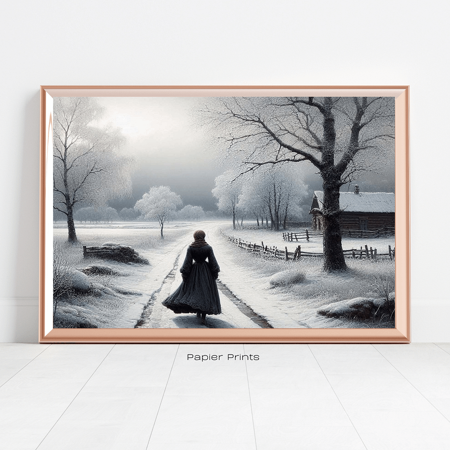Winter's Serenity: Vintage Oil Painting of Woman Walking in Forest product image (2)