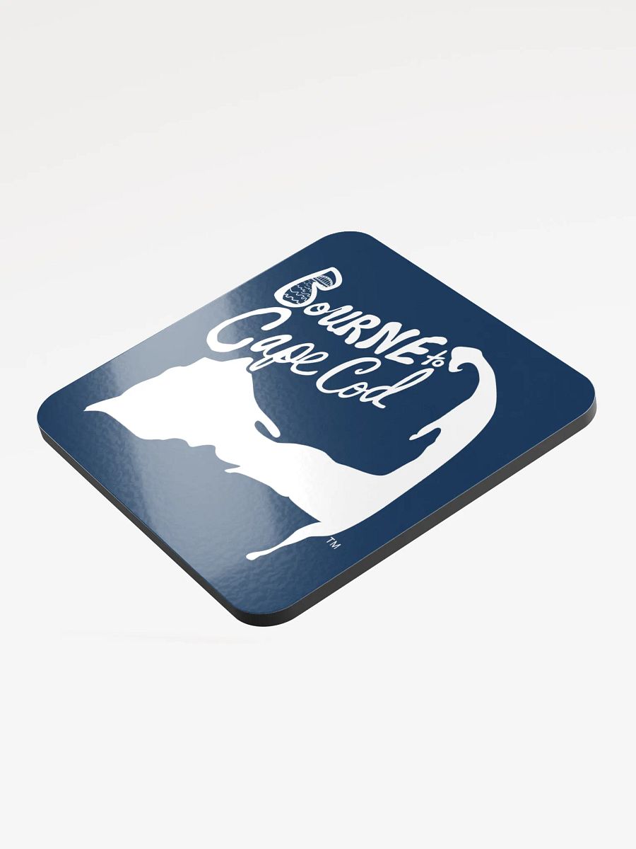 BOURNE to Cape Cod™ | Coastal Coaster | Glossed Cork | Eco-Friendly | Minimalist Coastal Decor | 3.74" Square | White Logo on Navy product image (3)