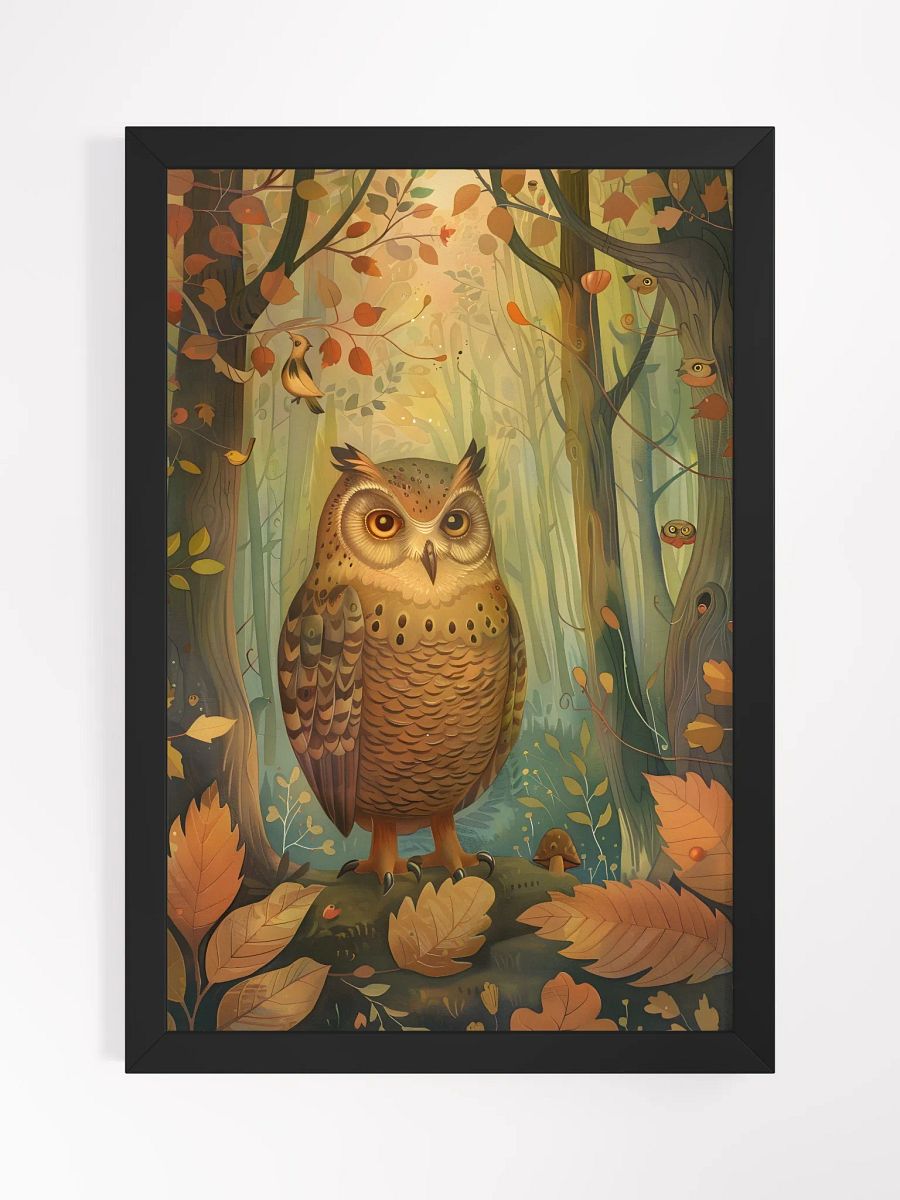 Whimsical owl perched in enchanted forest scenery. product image (1)