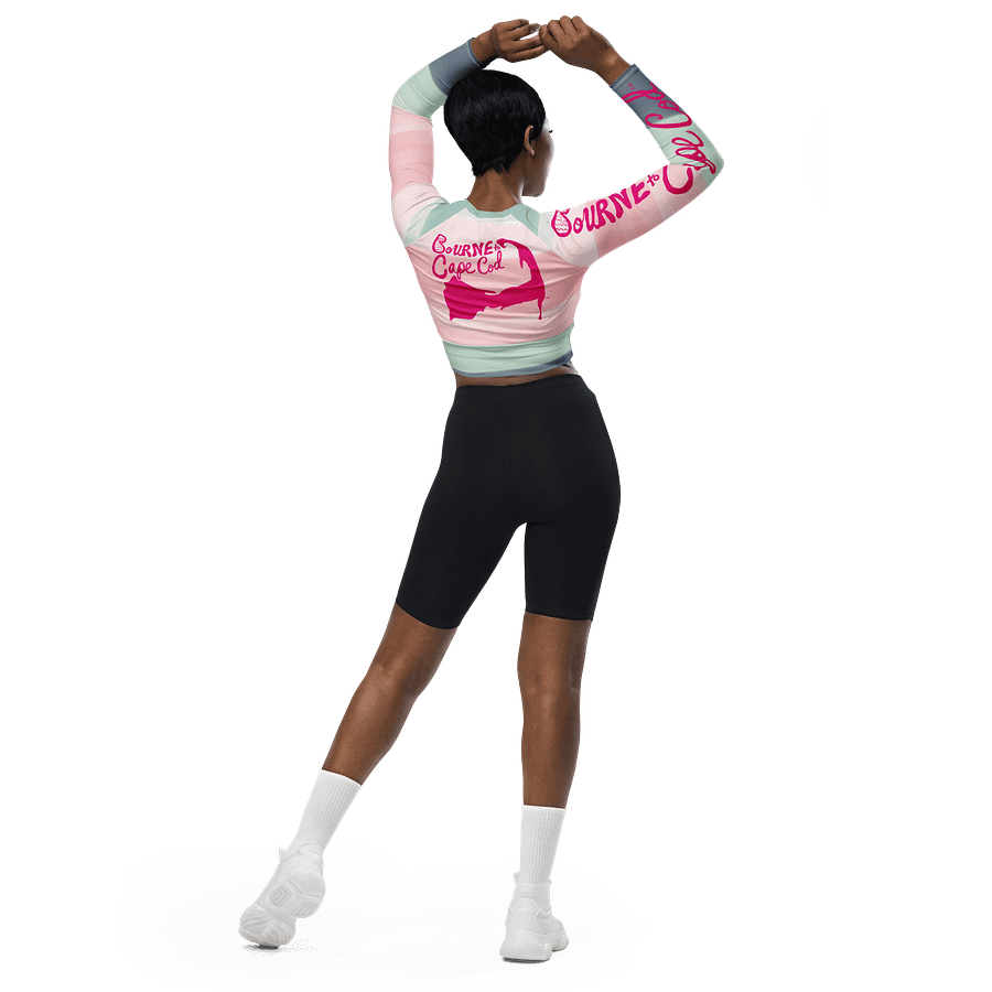 BOURNE to Cape Cod™ Crop Top | BRN.2C.C.™ Coastal Bold | Recycled Long Sleeve Statement Wear 🌊💃☀️ | Vibrant Pink Logos on Horizon Stripes product image (6)