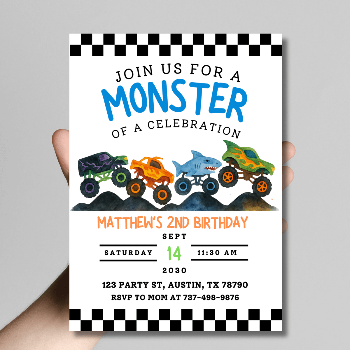 Monster Truck Birthday Invitation | Editable Canva Template | Boys 2nd Birthday Invite | Monster Jam Party | Watercolor Trucks Theme product image (4)