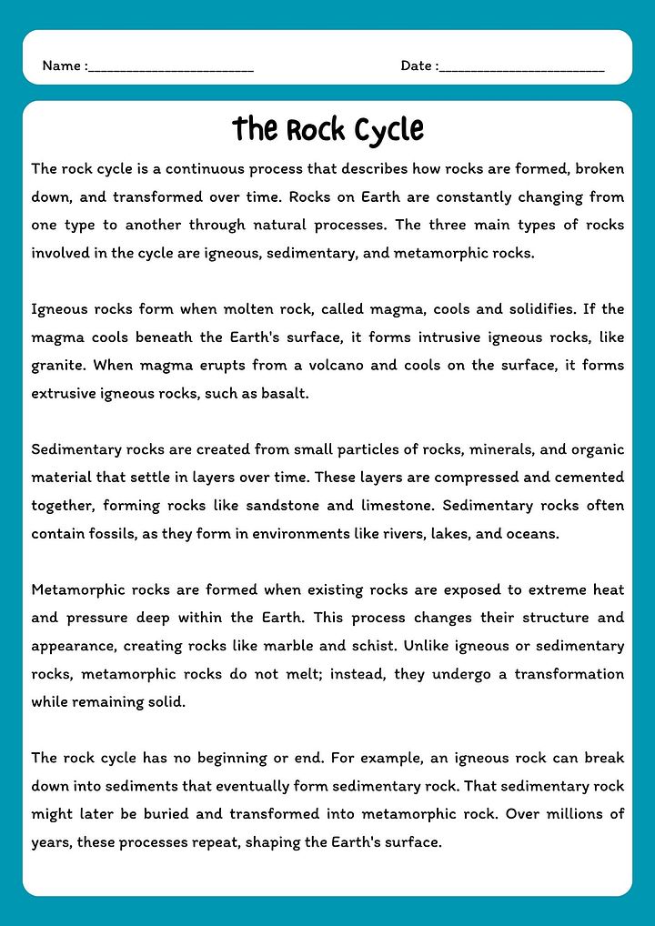 Rock Cycle Reading Comprehension Passage & Questions product image (1)