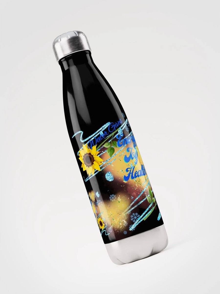 Stainless steal water bottle with beautiful sunflowerr blue water drops featuring ' This water gives Harmony in Body and Mind