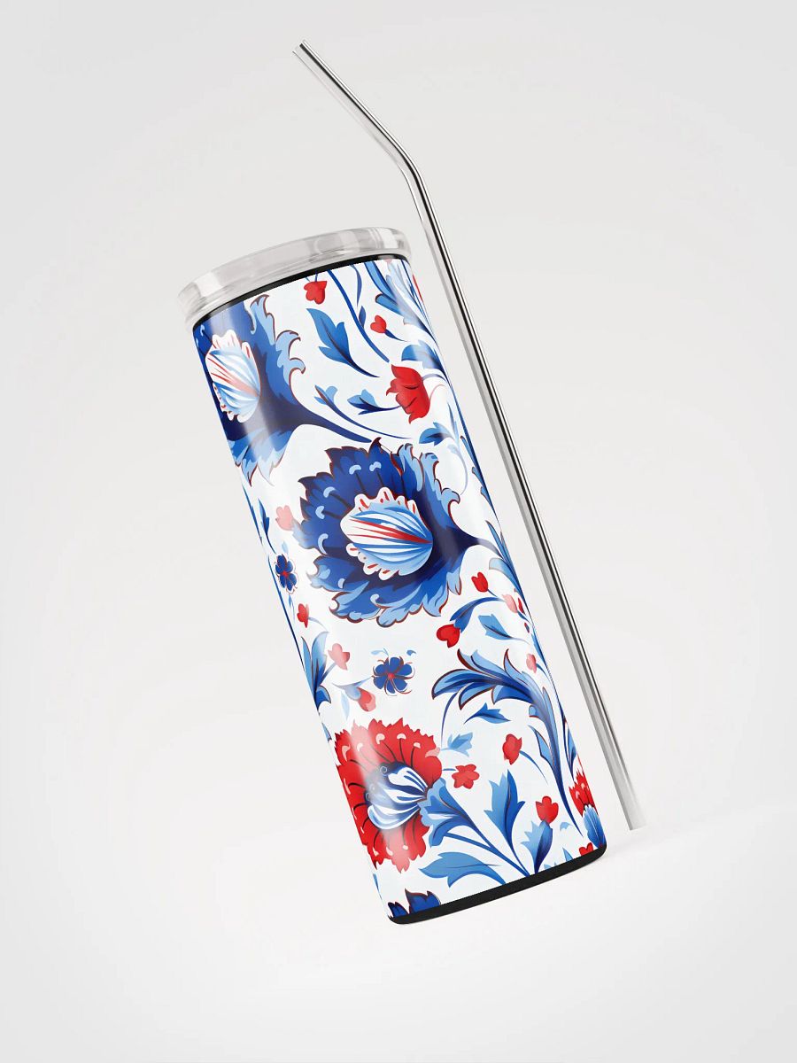 Colorful Pattern, Red, White, and Blue Flowers Skinny Tumbler with Straw, 20oz product image (5)