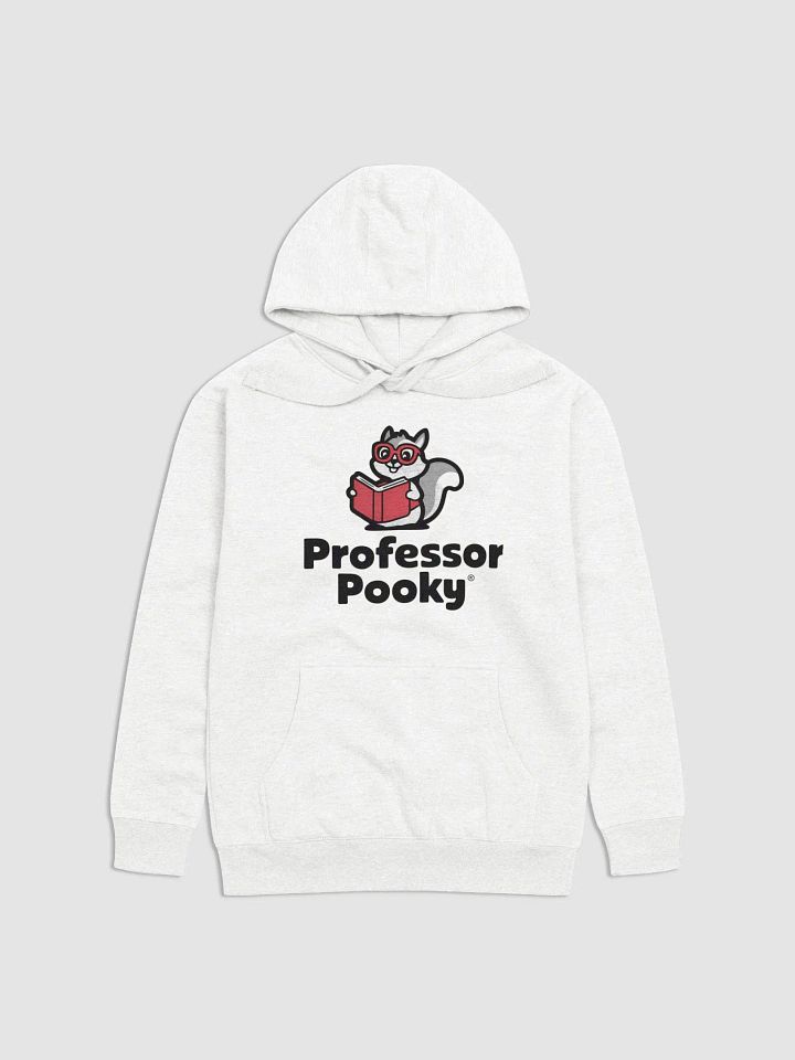 Super Soft and Comfy Hoodie: Professor Pooky, Red book, greyscale squirrel, minimal product image (1)