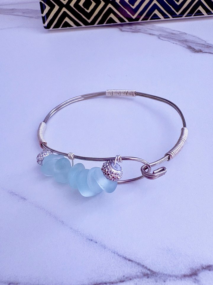 Seafoam Pebble Tide Bracelet | Wire-Wrapped Sea Glass | Handmade 7.75" Coastal Charm by Monique Faella Designs™ | MFD-00200 product image (2)