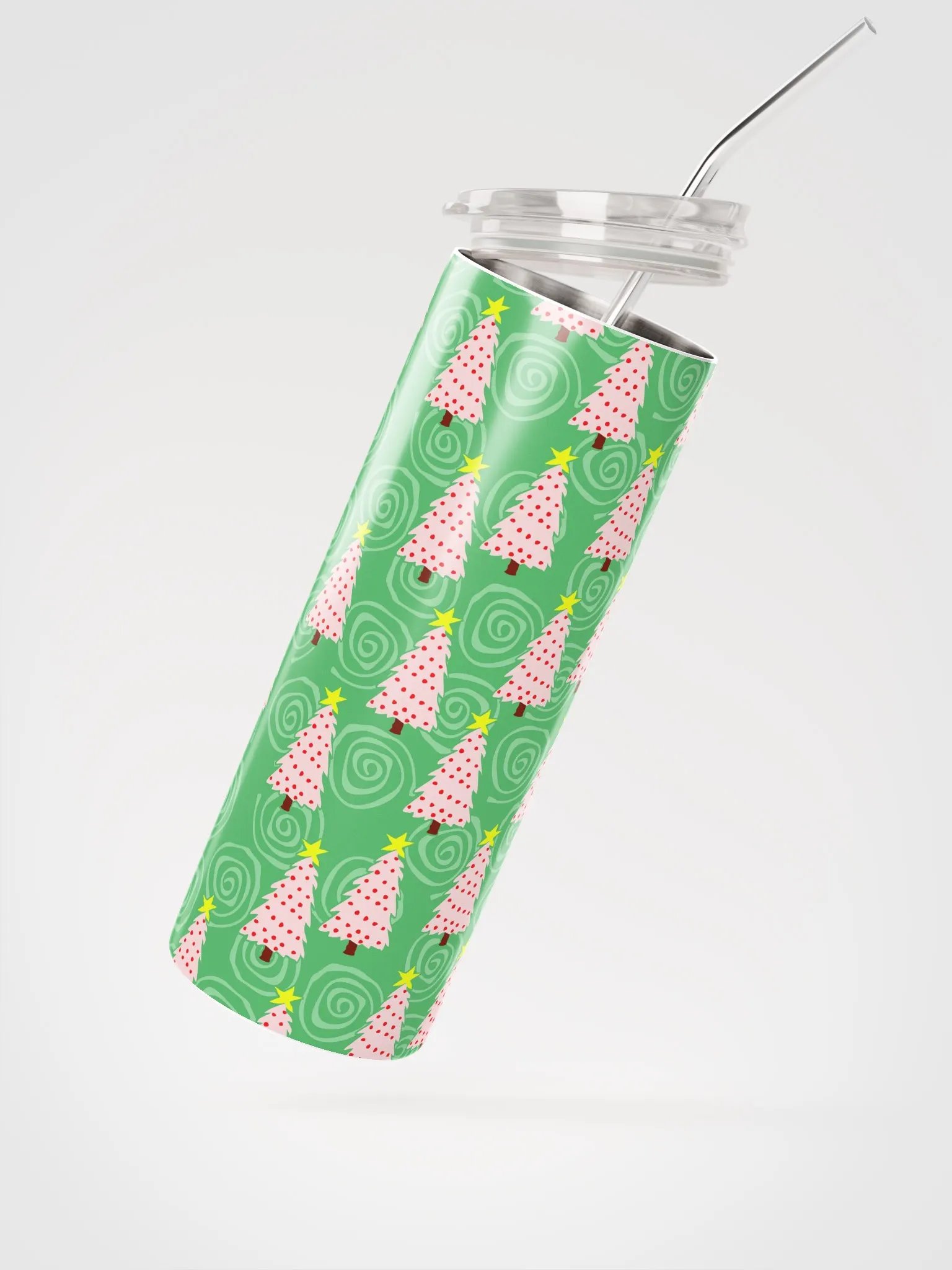 Pink Christmas Trees on Green Spirals Stainless Steel Tumbler with Straw product image (9)