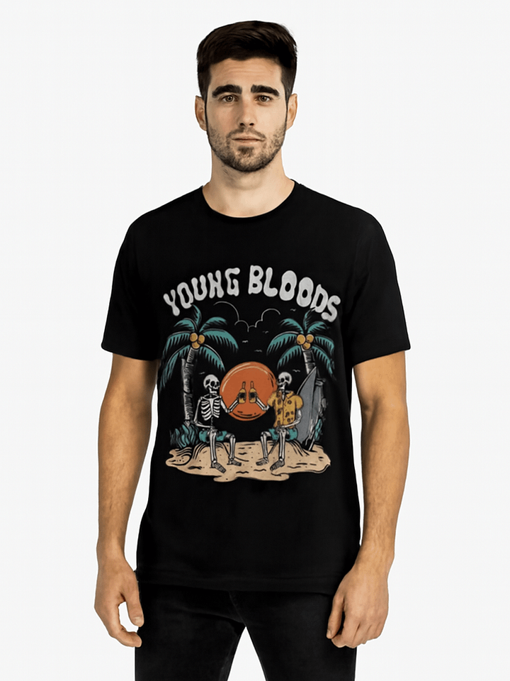 Skeleton Friends Relaxing on Beach with Sunset and Palm Trees T-Shirt product image (1)