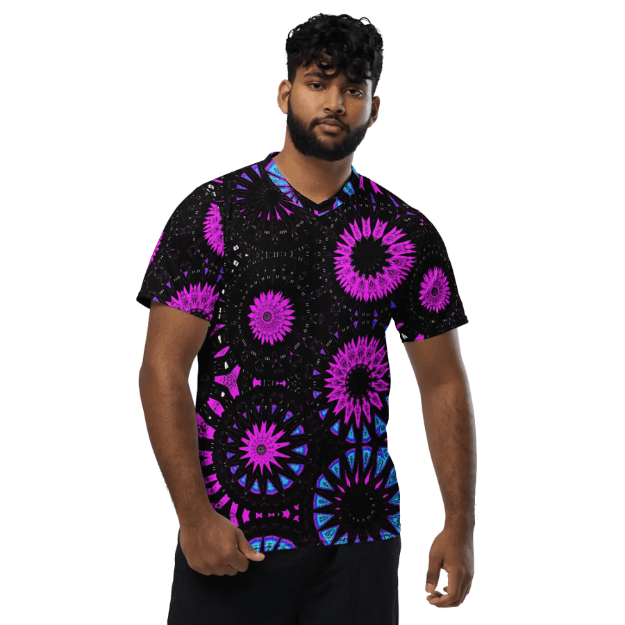 Abstract Circular Shapes in Turquoise, Black and Pink Unisex V Neck Sports Jersey product image (9)