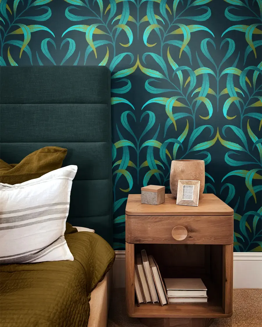 Tropical green palm leaf wallpaper by Andrea Muller