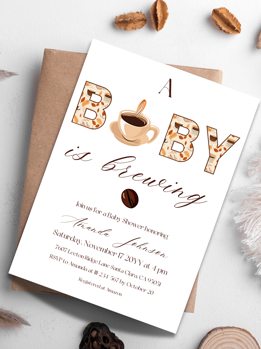 Coffee Themed Baby Shower Invitation, Rustic Brown and Beige Baby Shower Party, A Baby is Brewing Brunch Invitation, Digital Download product image (5)