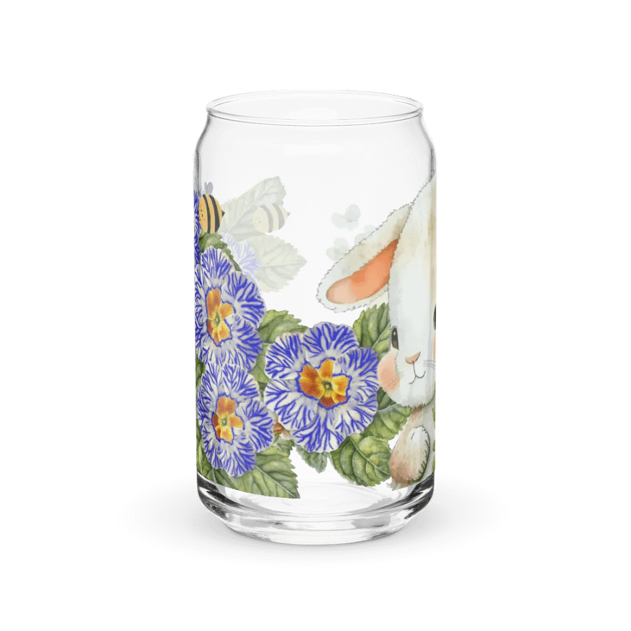 Garden Whispers: Bunny and the Primula Zebra Blues | 16oz Glass Can | Nature-Inspired Drinkware product image (1)