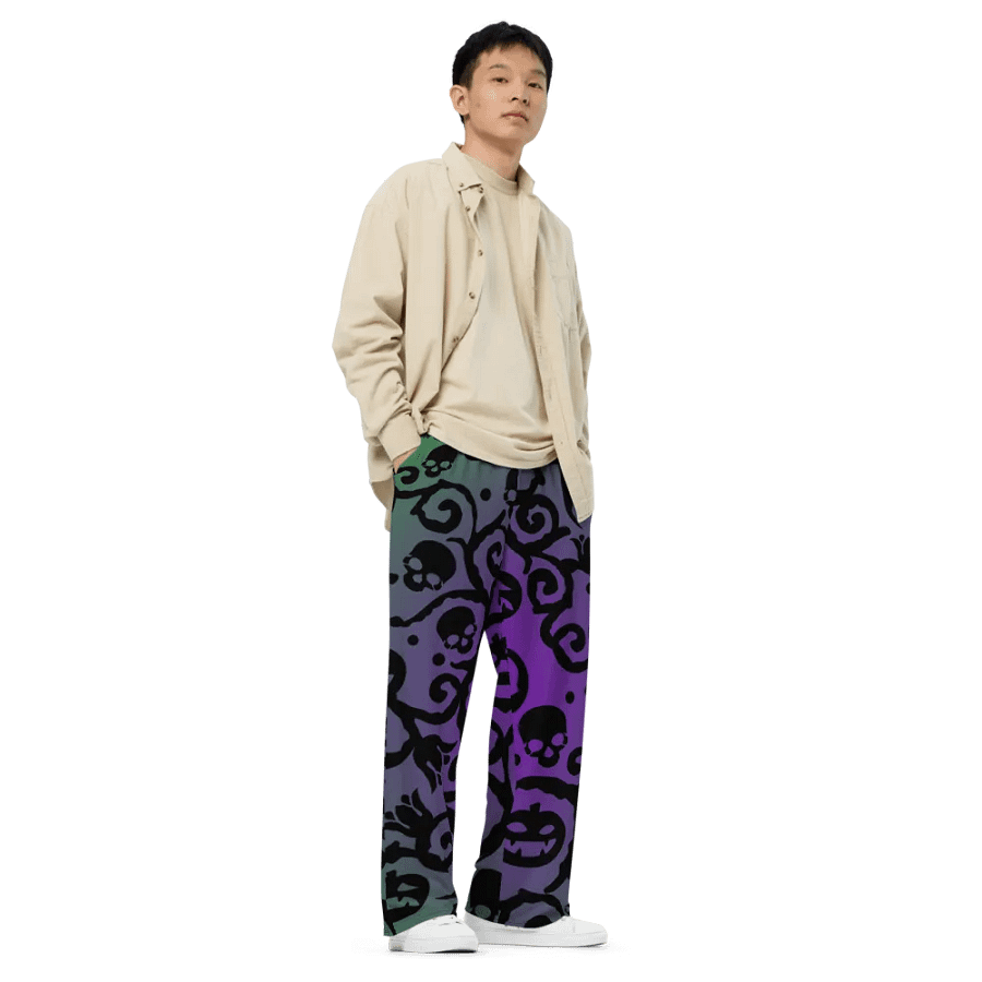 Purple & Green Scary Pumpkins Skull Unisex Wide-Leg Pants product image (3)