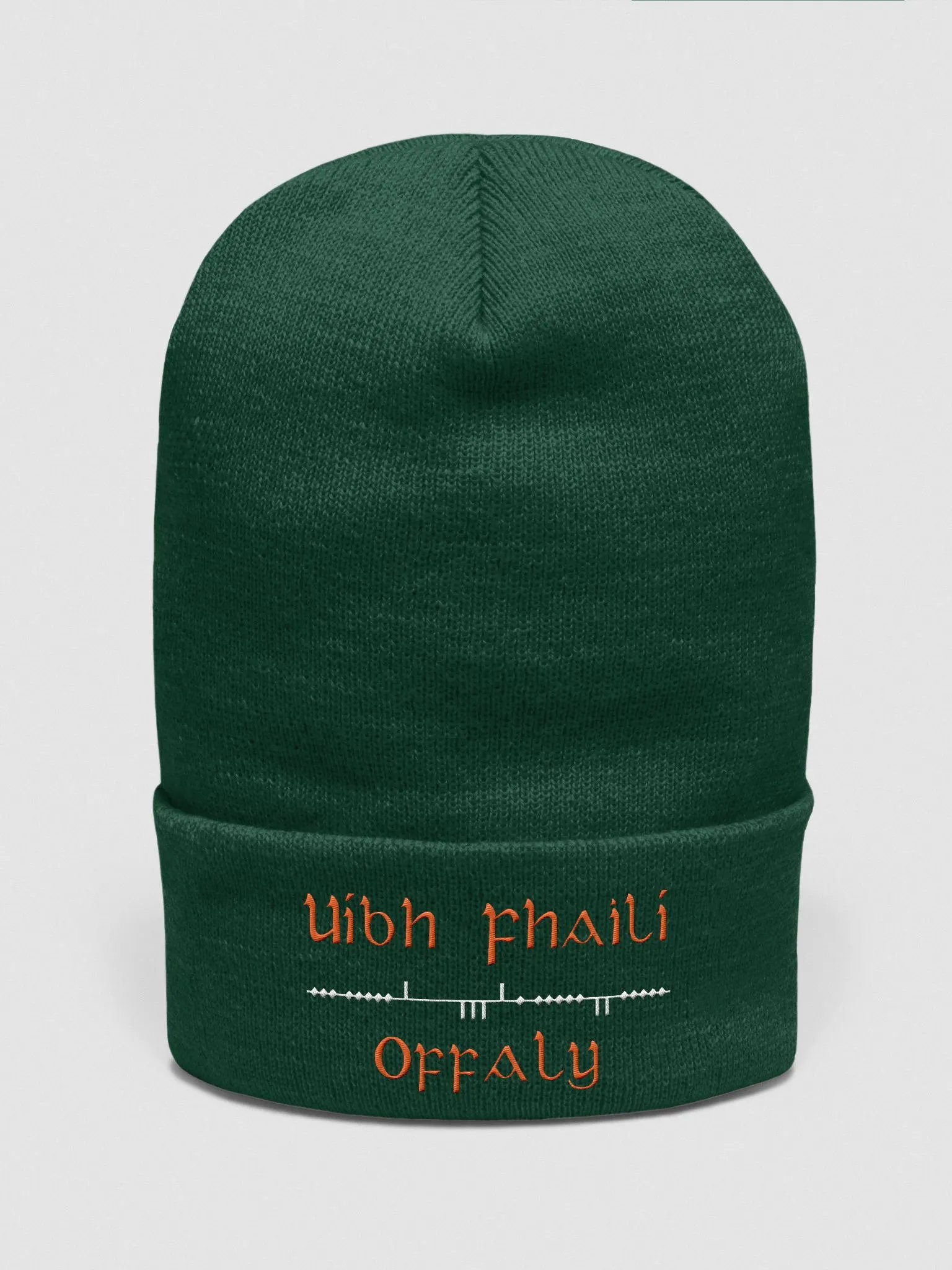 Offaly/Uíbh Fhailí Scholastic style Ogham, Green with white and orange, embroidered Cuffed Beanie product image (1)