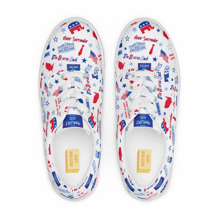 Trump 2024 Republican Patriot Make America Great Again White Pattern Low Top Canvas Shoes for women product image (1)