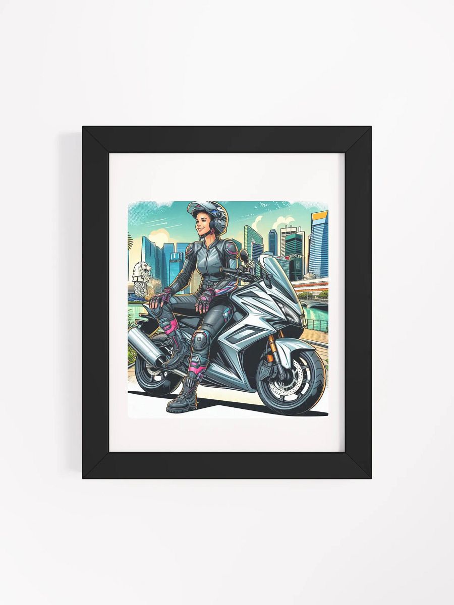 Minimalist White Framed Poster | Biker girl enjoying the atmosphere of Singapore by AI product image (94)