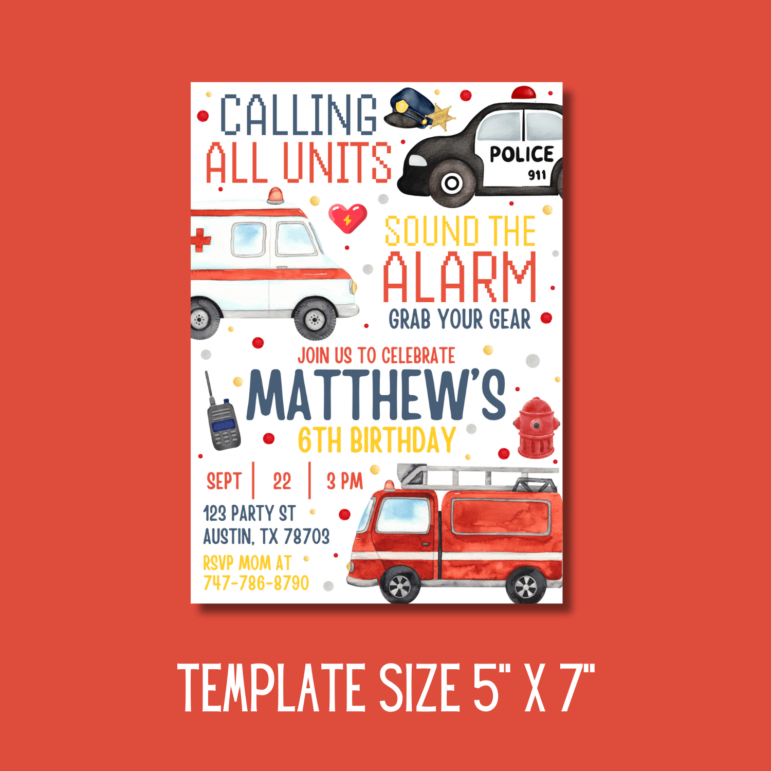 Police & Emergency Vehicle Birthday Invitation Template – Canva Editable 6th Birthday Invite product image (5)