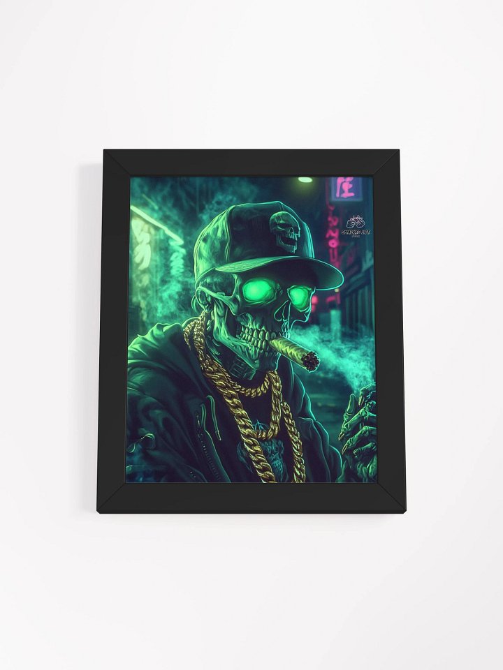 Glow Up Smoke” Framed Skeleton Poster – Neon Stoner Art for Homes, Mancaves, Dispensaries & Lounges product image (3)