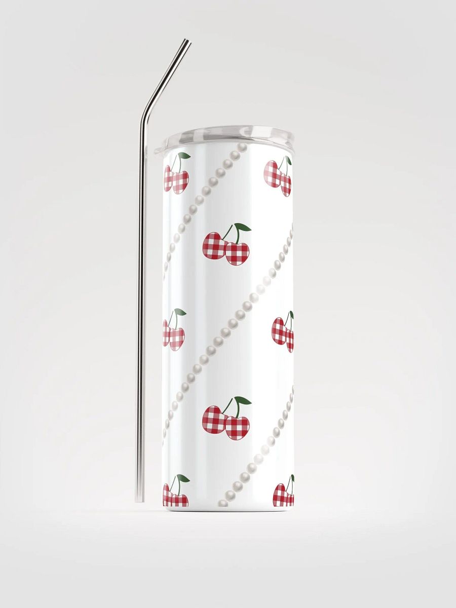 White Gingham Cherry Stainless Steel Tumbler With Pearl Accents product image (1)