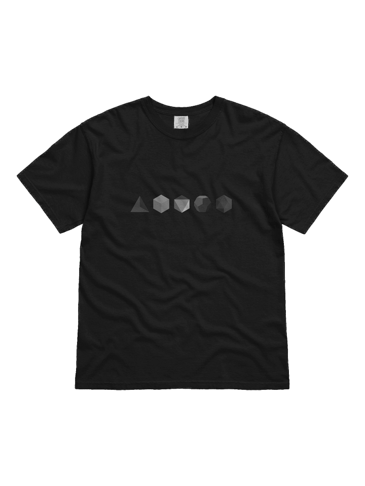 Minimalist geometry meets timeless style in this sleek black t-shirt, featuring the 5 Platonic Solids in solid grey product image (1)
