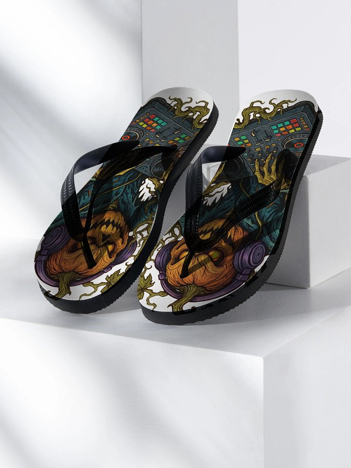 Theatrically Jerry: "DJ Jack-O-Lantern Spins Halloween Beats" Flip-Flops product image (1)