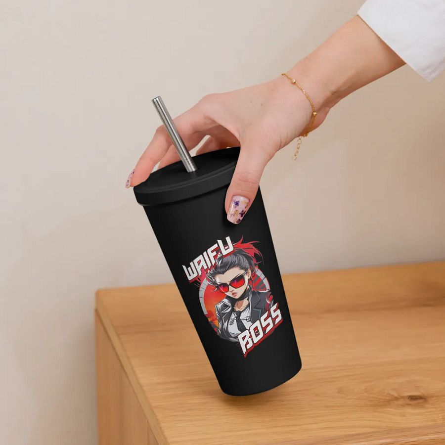 Waifu Boss 20 oz Tumbler Cup - Black - Insulated Tumbler with a Straw v1 product image (6)