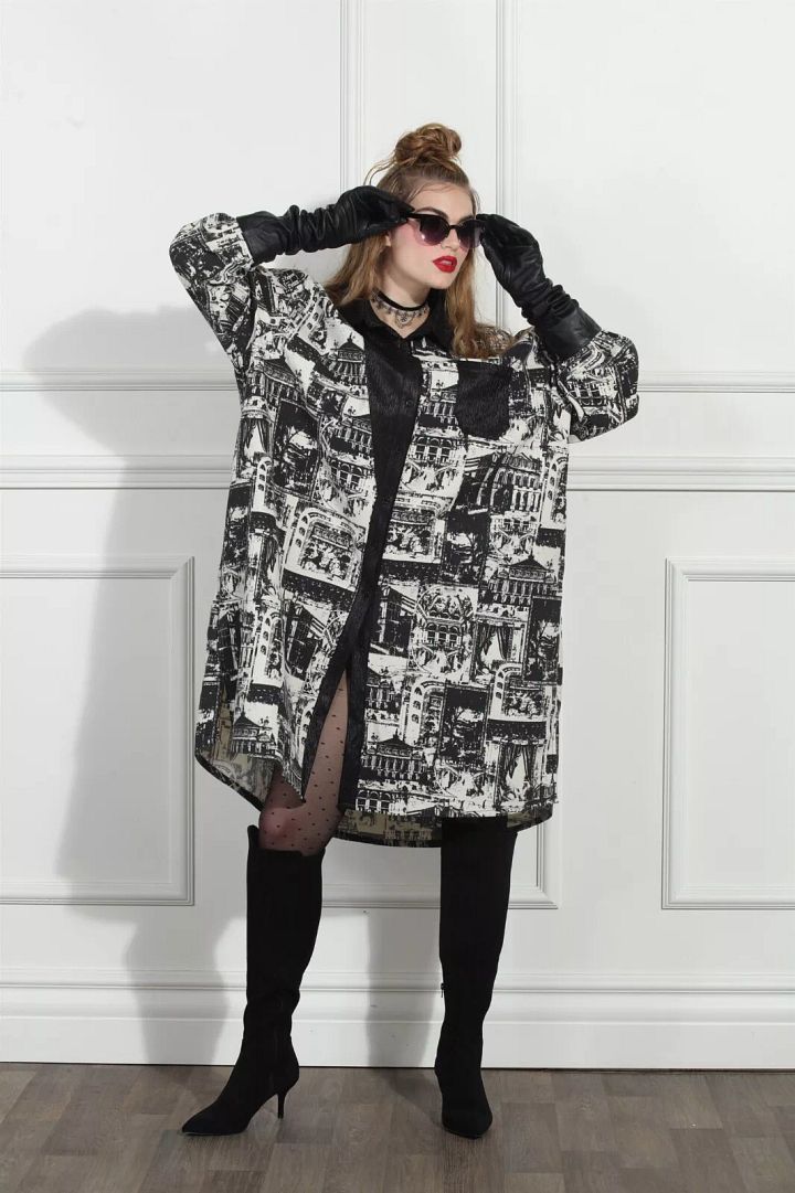 Size Tall Luxe Moda Twill Print Coat, Jacket Dress Beige and Black product image (1)