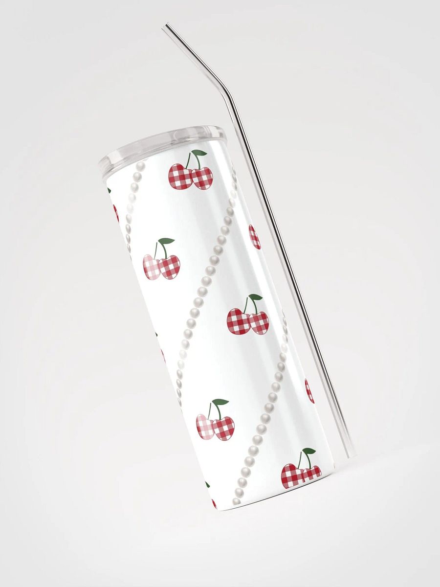 White Gingham Cherry Stainless Steel Tumbler With Pearl Accents product image (3)