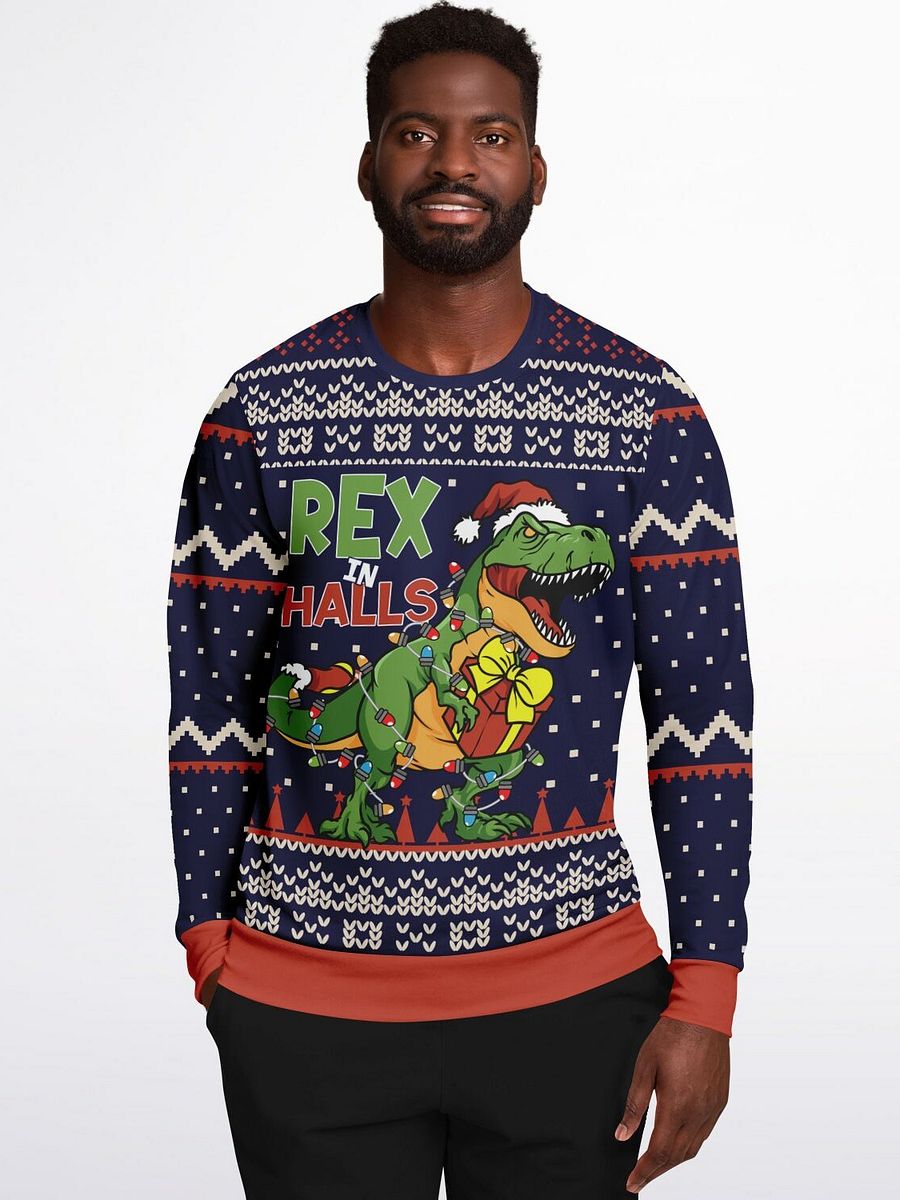 “Rex in the Halls” Festive Dinosaur Christmas Sweatshirt| Funny Holiday Jumper | T-Rex Santa Holiday Party Outfit | Unisex Dino Xmas Gift product image (7)